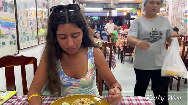 Katty eats lunch in an Asian cafe without panties and flashing pussy in public