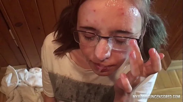 Compilation two BlowJobs me nerdy girl with cumshot on my face and Glasses