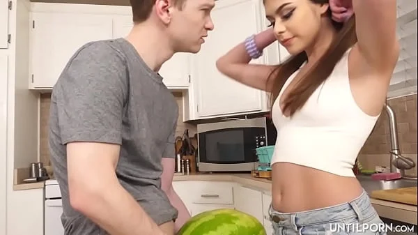 My stepsister catches me fucking a watermelon and then she wants to give me a blowjob