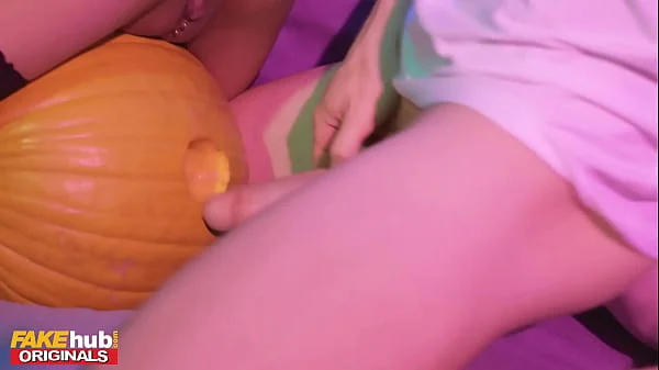 Fakehub Originals - Teen at Halloween College house party sneaky pumps a pumpkin before hot sexy Thai girl in cosplay leaves the party to offer up her tight wet pierced pussy